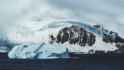 Antarctica Penguins Ride Iceberg Leave Streaks in Elephant Island. Remote Nature Landscape Destination. Beautiful White Snow Calm Ocean Waters