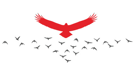 A large red bird leads a flock of smaller birds in flight