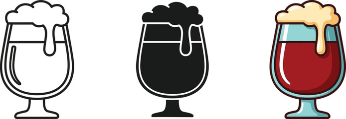 Stylized beer glass icon collection with outline, solid, and colored versions