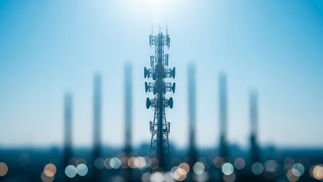 Modern Telecommunication Tower Providing Signal Against Bright Blue Sky and City Lights
