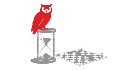 Red owl sitting on hourglass next to chessboard strategy concept