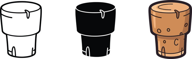 Various styles of a champagne cork, including outline, silhouette, and colored illustration