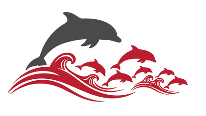 Vector illustration of dolphins jumping out of wavy ocean water