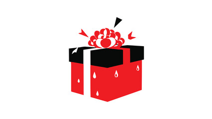 Red gift box with black ribbon and explosion of confetti on top