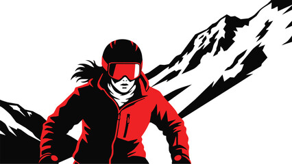 Illustration of a skier wearing red and black gear in front of mountains