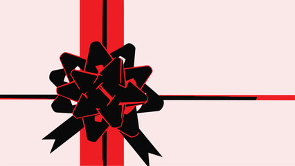 Gift wrapping with a black bow on pink background with red and black ribbon
