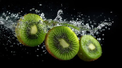 Fresh kiwi slices splashing in water against black background
