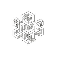 Intricate geometric illustration of interconnected hexagons and cubes in a 3d maze like structure with black lines on white background with design