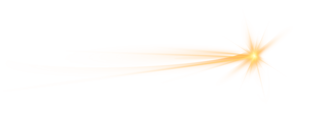 Golden shooting star with long glowing trail and bright flare on black background, abstract comet light effect isolated in PNG format.