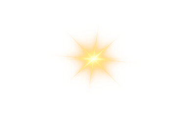 Bright golden starburst light effect with glowing rays and warm gradient on black background, abstract radiant flare isolated in PNG format.