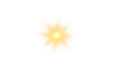 Bright golden starburst light effect with glowing rays and warm gradient on black background, abstract radiant flare isolated in PNG format.