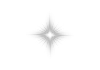 Bright white starburst light effect with sharp rays on black background, abstract glowing flare isolated in PNG format.