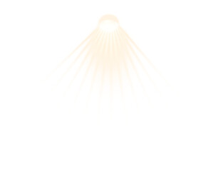 Golden downward light rays with glowing sunburst effect on black background, abstract radiant spotlight isolated in PNG format.