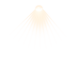 Golden downward light rays with glowing sunburst effect on black background, abstract radiant spotlight isolated in PNG format.