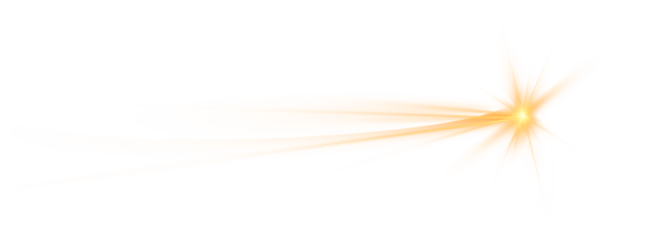 Golden shooting star with long glowing trail and bright flare on black background, abstract comet light effect isolated in PNG format. - Powered by Adobe