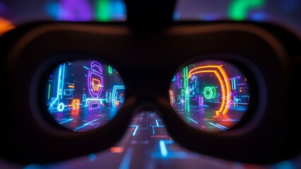 Virtual reality headset POV exploring a vibrant neon futuristic digital metaverse world