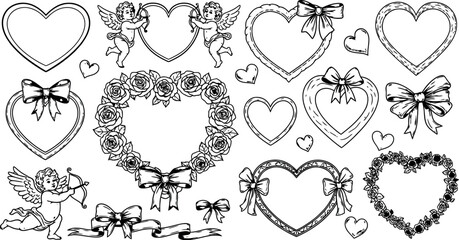 Collection of heart shaped valentines day cliparts with bows and floral elements