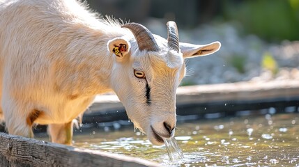 A domestic goat with horns drinks fresh water from a trough outdoors.
