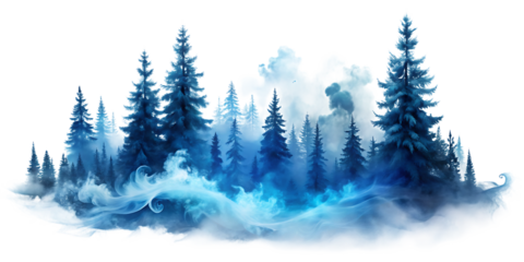 Frosty blue pine trees on misty white clouds isolated on a transparent background