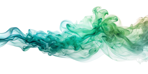 Green and blue smoke on white background isolated on a transparent background swirling abstract
