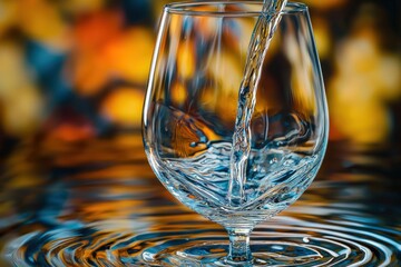 A clear liquid stream pours into a stemmed glass, creating ripples.