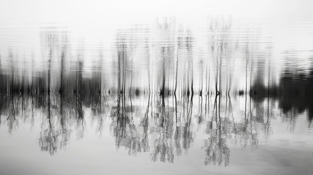The undulating reflection of trees in a pond transformed into an otherworldly abstract landscape. Black and white art