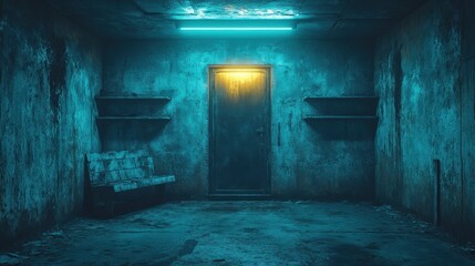 Obraz premium Chilling blue room with a bench, shelves, and a door, bathed in eerie light.