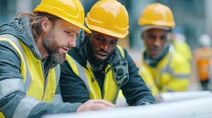 Diverse male construction workers analyzing blueprints on site