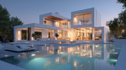 Fototapeta premium Modern luxury home with pool at dusk
