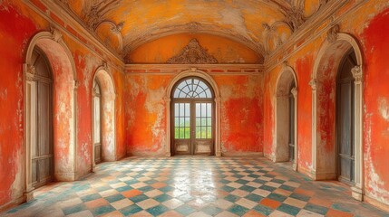 Ornate room with orange walls, arched doors, and a checkered tile floor.