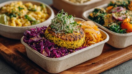 Medium shot of a vegan ecofriendly meal kit with vibrant plantbased ingredients and biodegradable packaging highlighting sustainability and healthy eating.