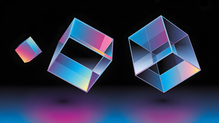 Three 3D gradient cubes in blue to pink with reflections on black background.