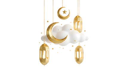 A serene and ethereal scene with a white cloud as the central element. Suspended from the cloud are three golden lanterns, each emitting a soft glow.