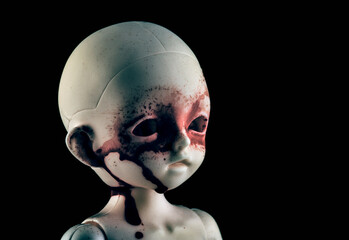 Creepy bloody doll face in the dark