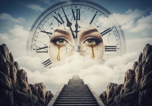 Crying eyes within a broken clock