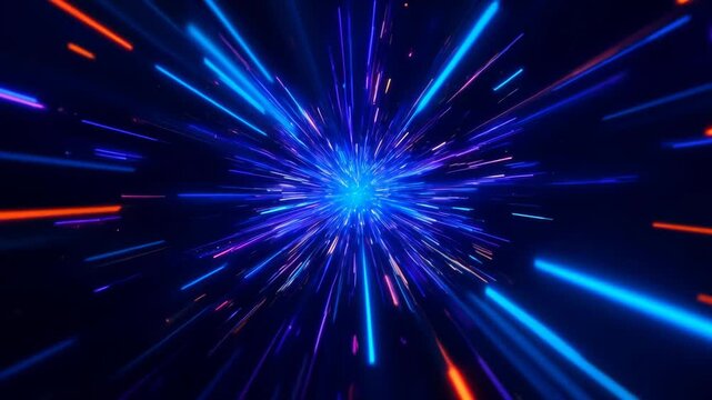 Traveling through a futuristic tunnel of red and blue glowing neon light beams at high speed