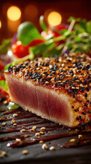Seared Sesame Crusted Tuna Steak with Glaze and Greens