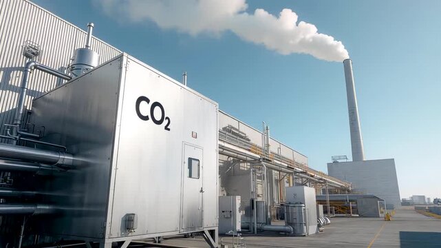 Carbon Capture Industrial Facility with CO2 Processing Units and Smokestacks Under Clear Daylight Showing Emissions Control Infrastructure