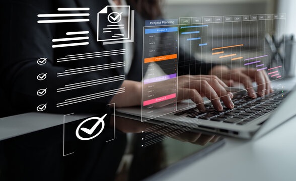 A project management dashboard for business. The interface features a Gantt chart to visualize the project timeline, task scheduling, and overall progress for efficient workflow. Fermion - Powered by Adobe