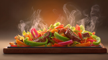 Colorful Stir Fry Vegetables on Wooden Tray with Steam