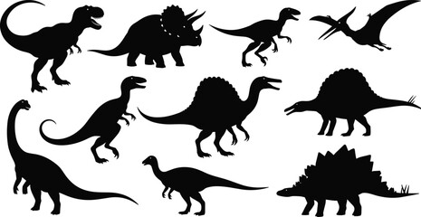 Dinosaur Silhouette Collection Featuring Tyrannosaurus Rex Triceratops Stegosaurus and Pterodactyl Species CAD Drawing Flat Vector Illustration for Educational Scientific Design Projects © mstHasina