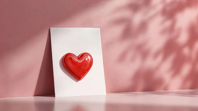 Shiny red heart on a blank card against a pink background with moving shadows