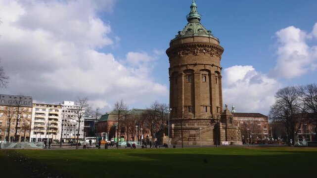 A street view in the downtown of the city Mannheim  in Germany on a sunny noon in autumn.