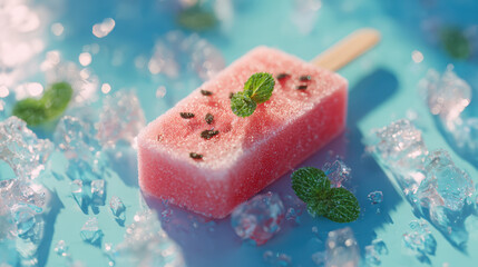 Refreshing Watermelon Popsicle on Ice with Mint Leaves