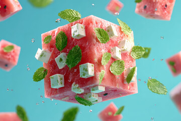 Watermelon Cube with Feta Mint Sprinkles Floating in Blue