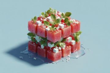 Watermelon Cube Stack with Mint Leaves and Sugar Crystals on Light Blue Surface
