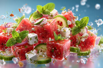 Fresh Watermelon Cubes with Feta Cheese and Mint in Splash