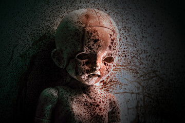 Creepy bloody doll face in the dark