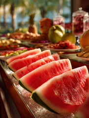 Watermelon Slices on a Fruit Buffet Table with Other Fresh Fruits in Background