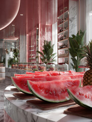 Fresh Watermelon Slices on Marble Display Table in Modern Restaurant